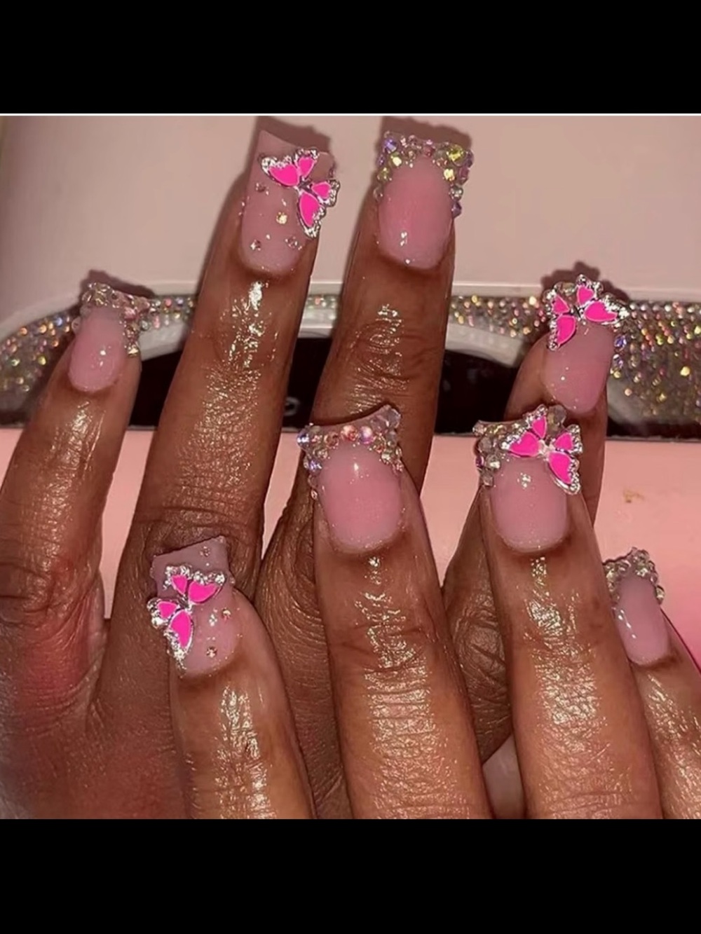 Medium 3D Square Pink Butterfly Crystal Accent Press-On Nails Hand Made